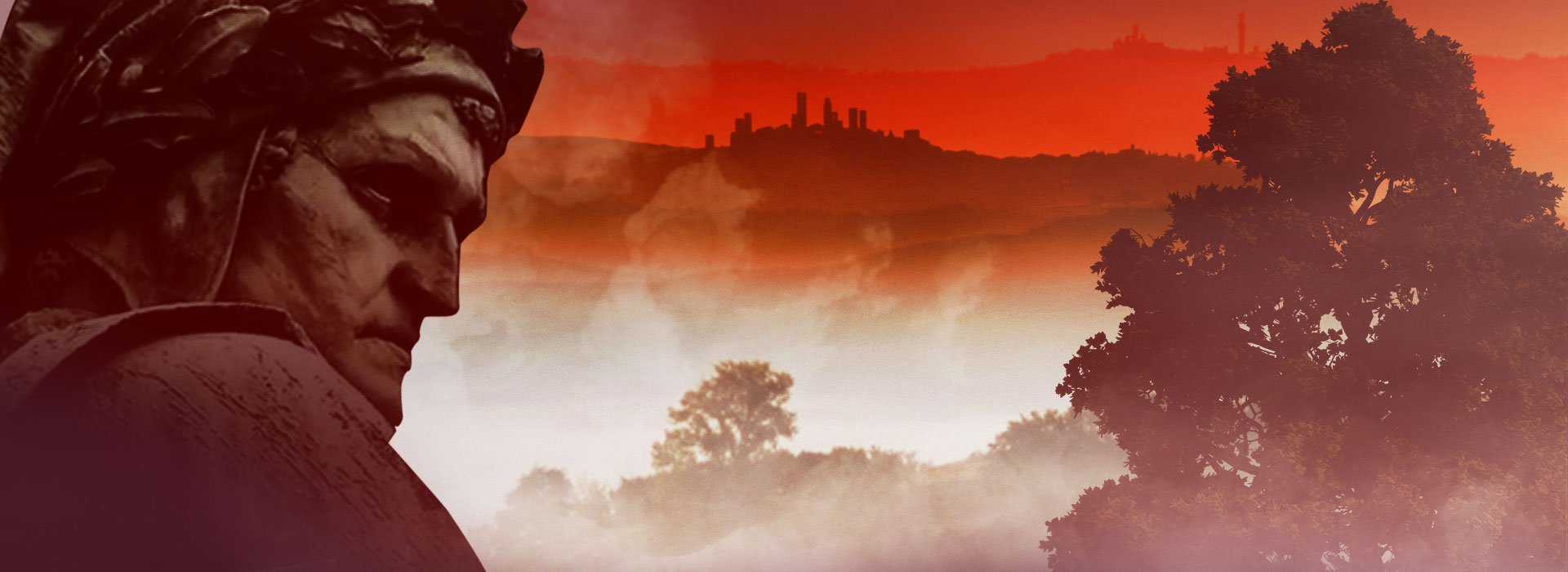 Statua di Dante con paesaggio brumoso sullo sfondo